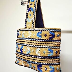 Vintage Crewel Work Purse, Blue, Black Design On Burlap